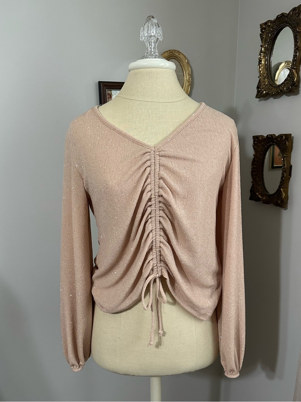 Entro Blush Pink Shimmer Ruched V-Neck Long Sleeve Top